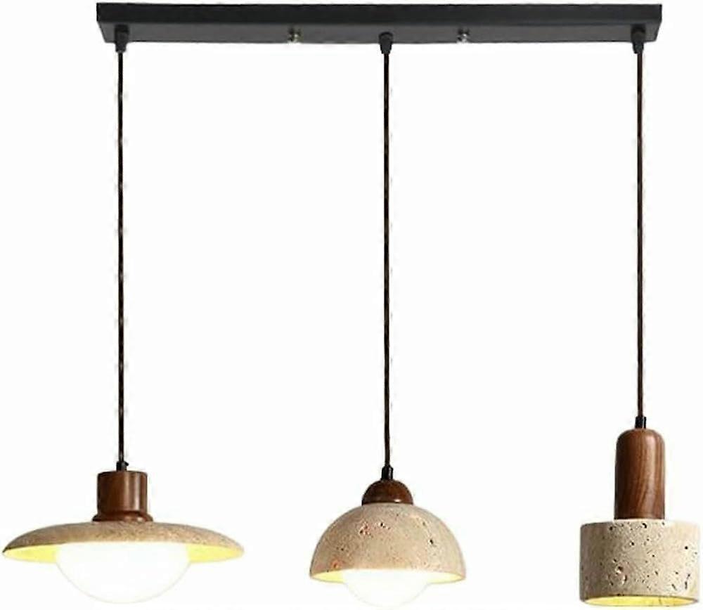 Modern Nordic 3Light Linear Pendant Light, Faux Travertine Wood Design, Adjustable Height, 3Color Dimmable