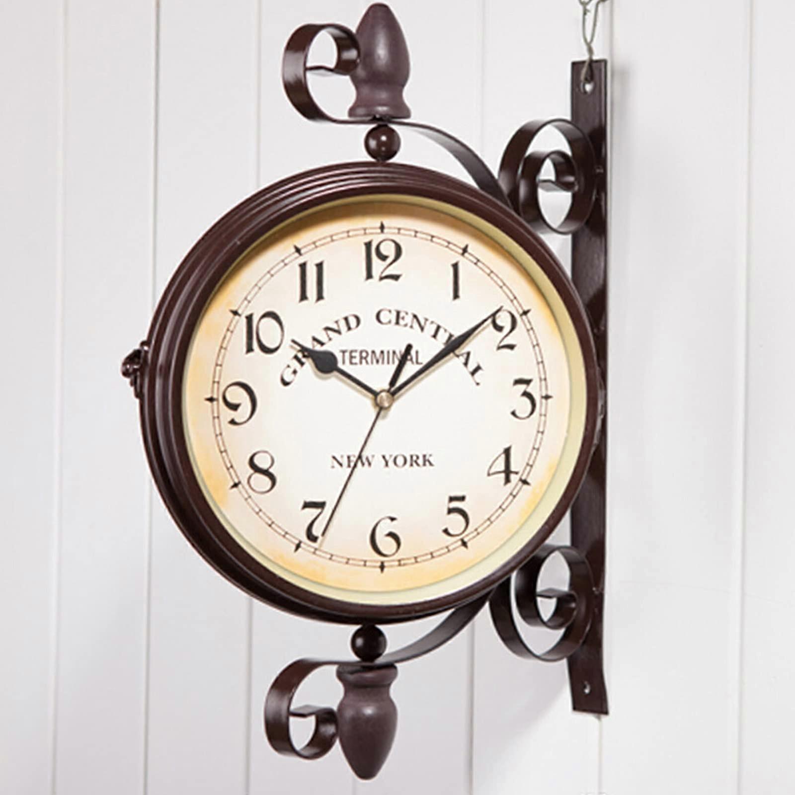 Double Sided Train Station Wall Clock with Bracket, Silent Waterproof Vintage Wrought Iron
