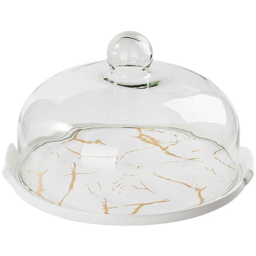 Multi-Use Cake Plate Marbled Ceramic Tableware With Cover Dessert Container Storage Round White 1Pcs