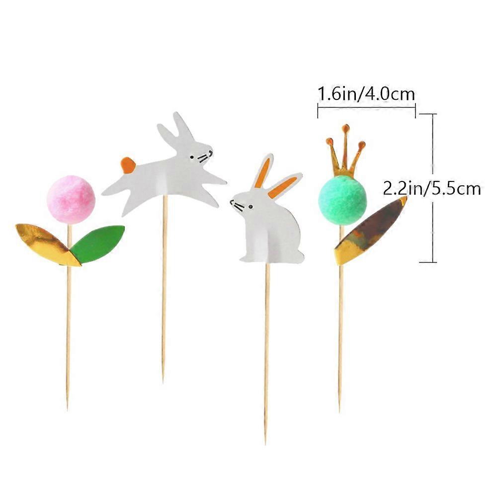Rabbit Furry Ball Easter Cake Insert Cards Decorative Toppers 24Pcs