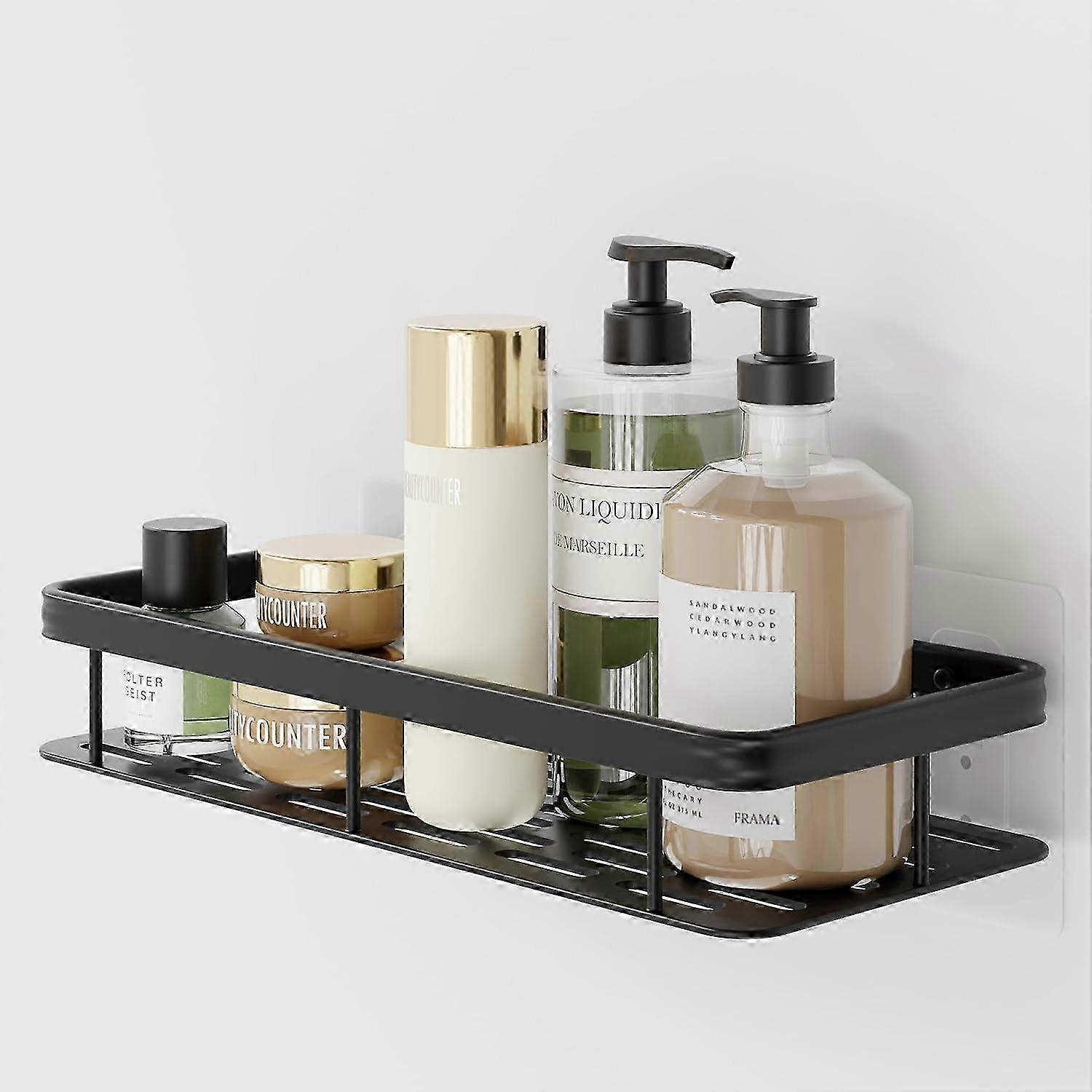 Single Layer No-Drill Wall-Mount Storage Shelf Black Rod and Hooks 26-27s