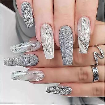 Long Coffin Press On Nails with Glitter Silvery Stripe Glossy Full Cover Acrylic Nails 24pcs