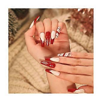 Christmas Long Coffin Press On Nails Set 24pcs Reusable Full Cover Fake Nails with 12 Sizes