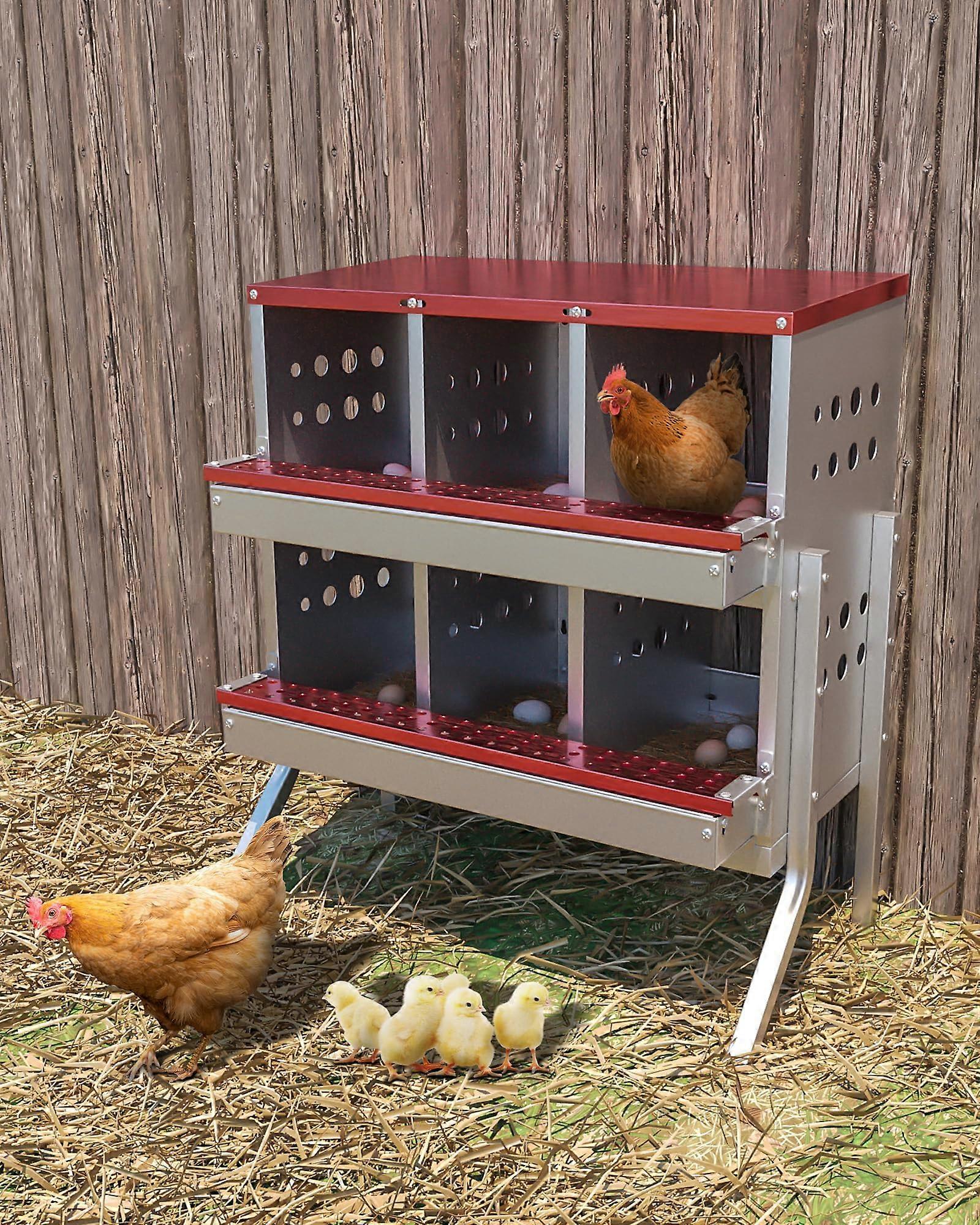 Galvanized Chicken Nesting Box 6 Compartments with Perch Rod and Egg Tray Rustproof Red Freestanding