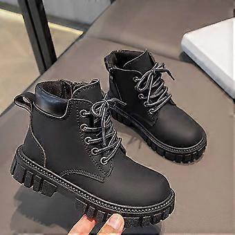 Botas de inverno para meninas, botas de couro estilosas para o outono/inverno, botas casuais de cano curto para crianças, botas bordô, 02 pretas, 6-7 anos.