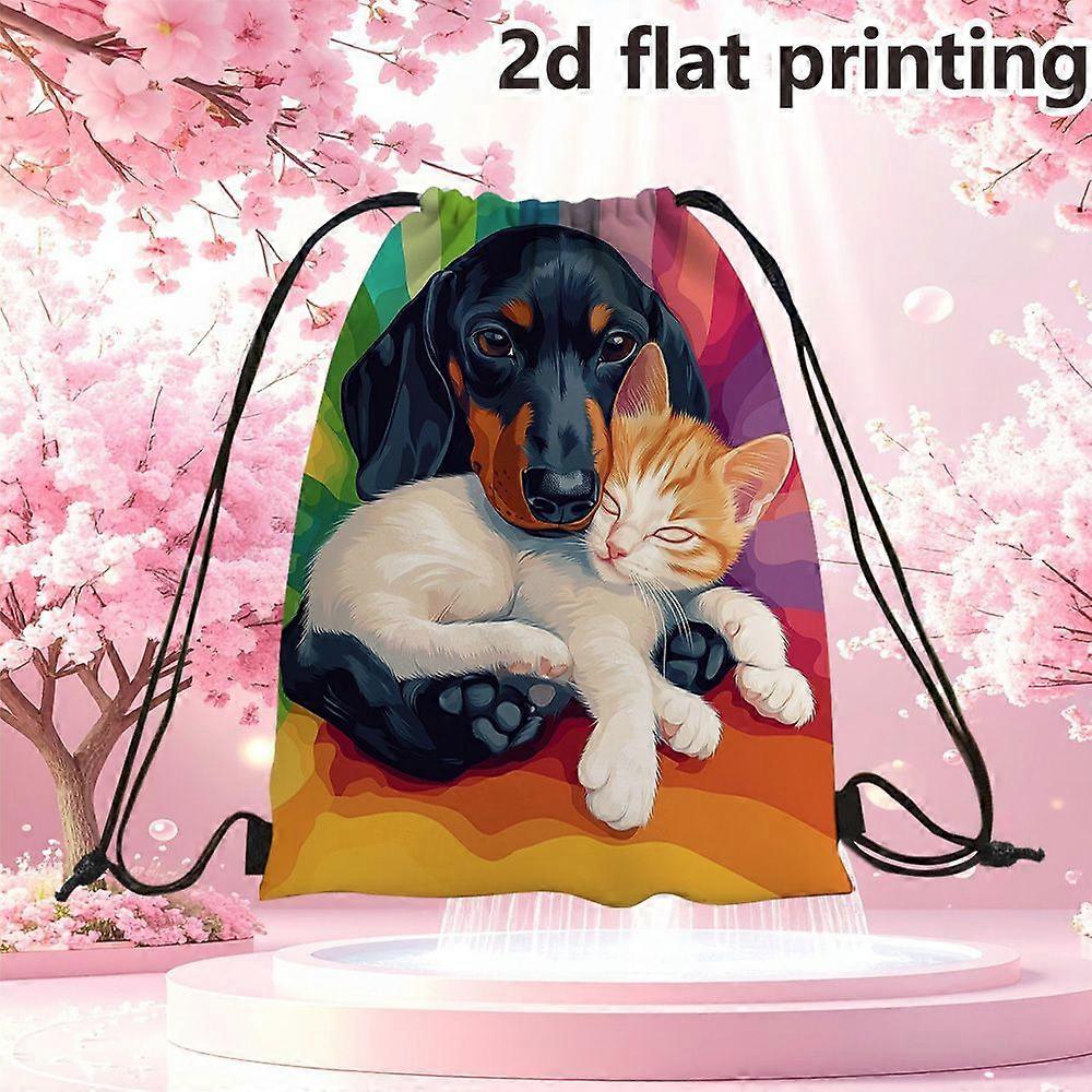 2D Flat Drawstring Bag, 1pc Design, Multifunctional Drawstring Backpack Featuring Cat and Dog Patterns, Spacious and Stu-Cqazw