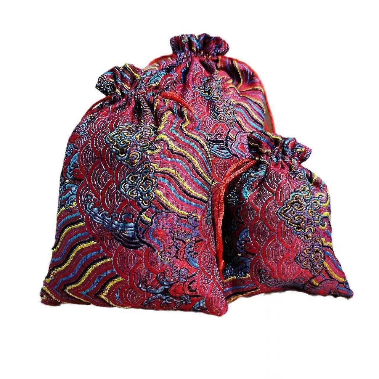 3-Pack Brocade Drawstring Gift Bag Set with Wave Pattern