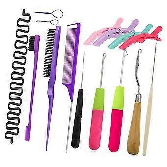 Hair Extension Styling Set, 15 Item Braiding and Threading Assortment with Pull Aids, Hair Clamps, Detailing Combs and Threading Aids for Home