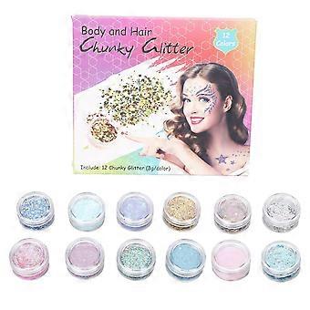 Chunky Glitter Sequins Set, 12 Colors, 12 Jars (3g Each) for Nail Art, Body & Face Decoration