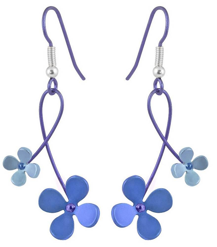 Ti2 Titanium 30mm Double Drop Four Petal Flower Earrings - Blue