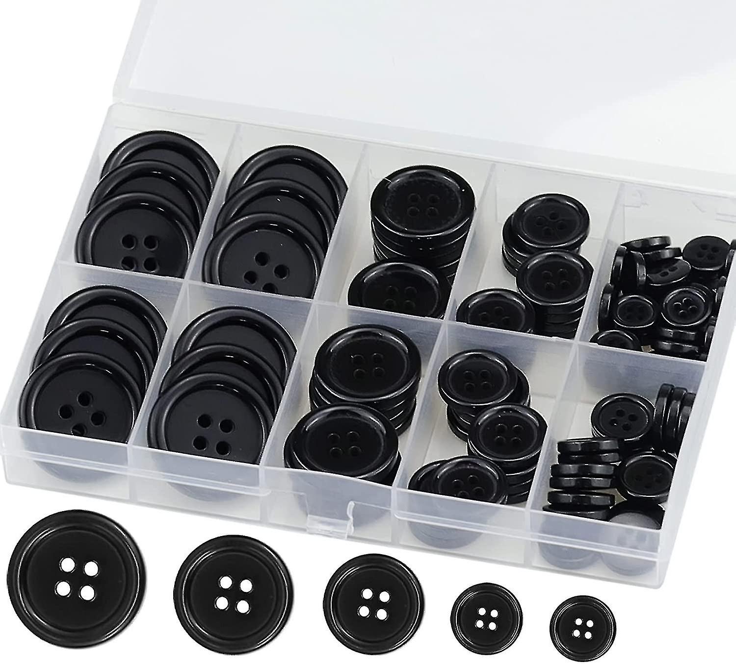 Premium 100 Pcs Resin Sewing Buttons, Eco-friendly 4-hole Craft Buttons, 5 Sizes Of Black Round Mixed Buttons Suitable