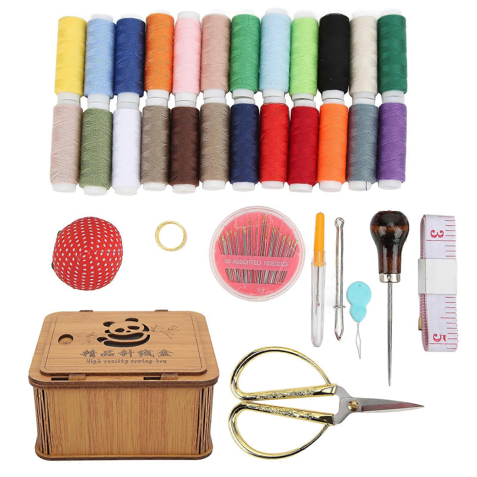 Sewing Set 24 Color Sewing Thread Thimble Threader Needle Plate Sewing Supplies Kit With Panda Pattern Bamboo Box