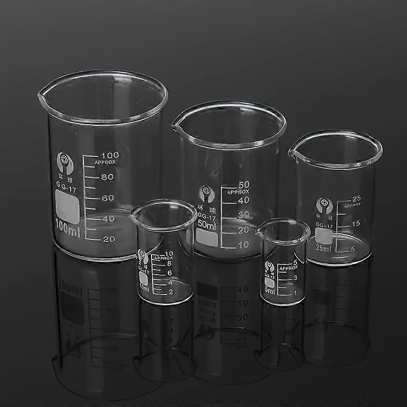 "Essential Labware" 5-Piece Glass Beaker Set For Chemistry - High Borosilicate, Heat Resistant Flasks In Sizes 0.17/0.34/0.85/1.69/3.38Oz