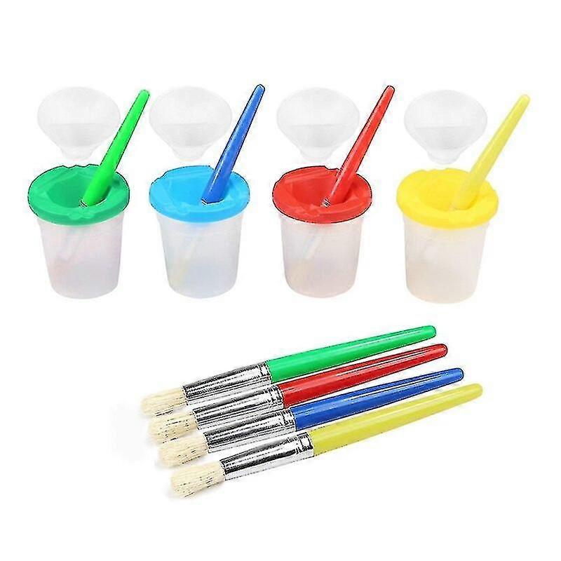 4 Colors Spill-proof Paint Bottles With Lids And 4 Pieces Assorted Colors Paint Brushes For Children