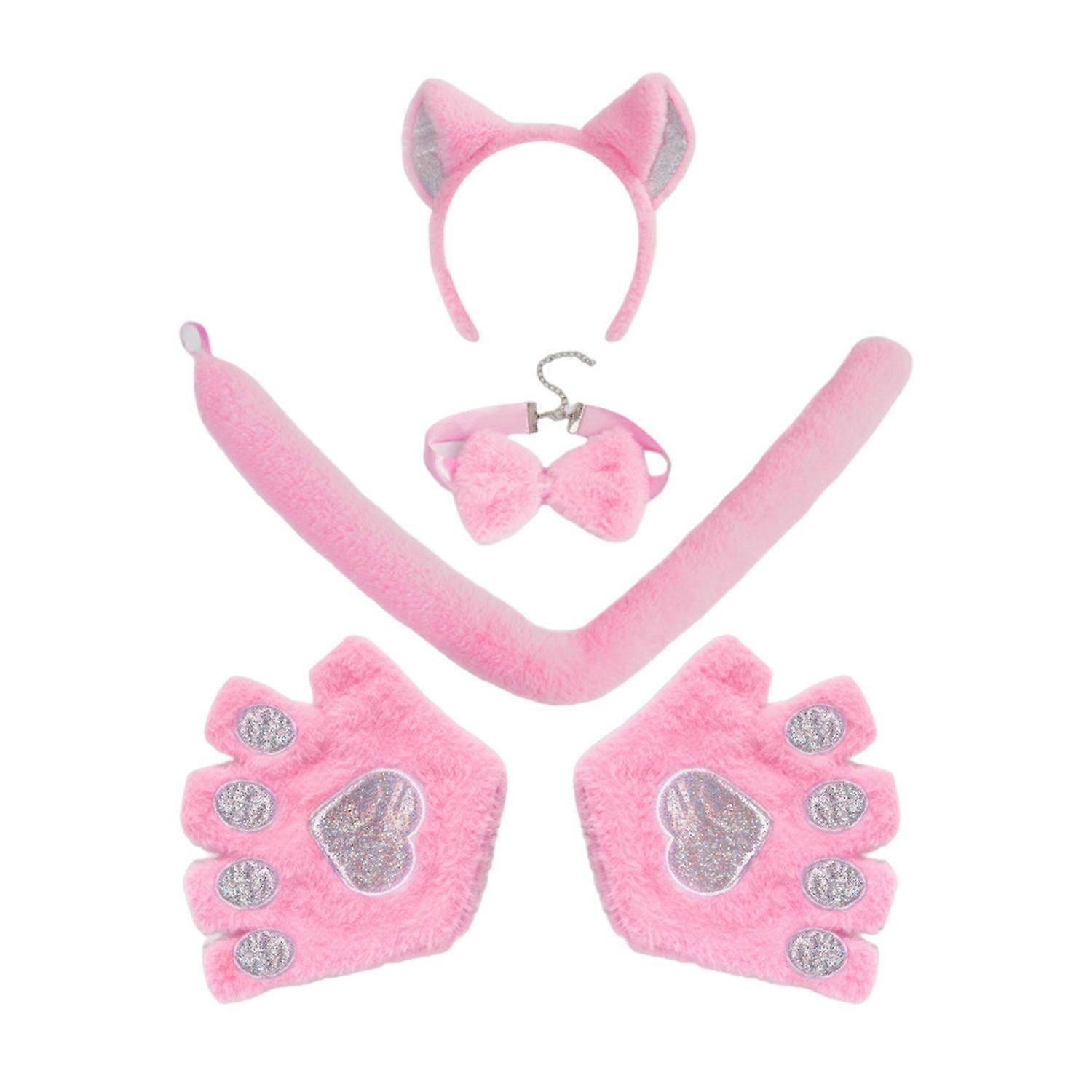1 Set Cosplay Cat Glove Set with Bow Tie Tail And Adjustable Headband Soft Plush Halloween