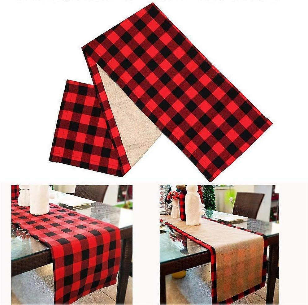 Christmas Decorations Cotton Burlap Classic Plaid Table Runner, Reversible Table