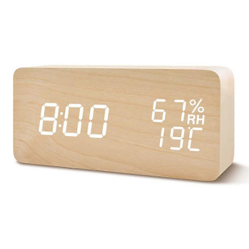 Digital Wooden Alarm Clock, with 3 Alarm Settings, Electronic LED Time Display, 3 Level Brightness & Temperature, Good for Bedroom, Bedside, Desk, Off
