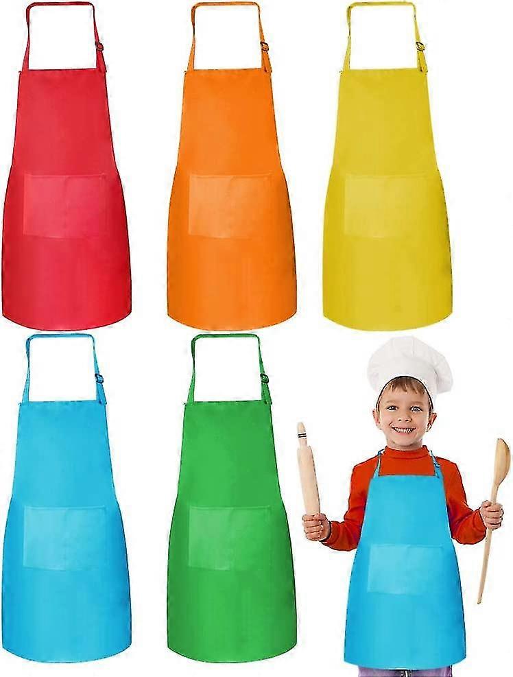5-pack justerbara barnförkläden med stickfickor, kockförkläde för matlagning, present