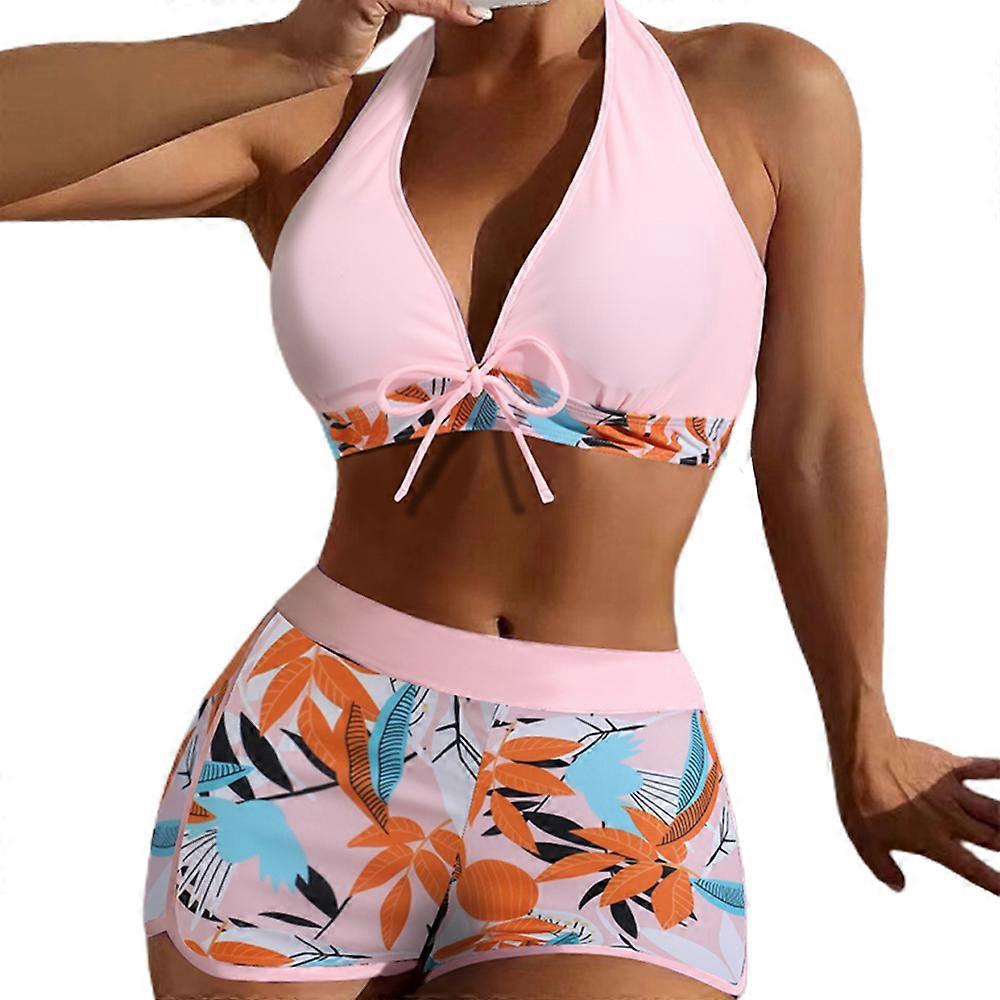 Women's Leaf Print Padded Push Up Bikini Set Halterneck Bra Top + High Waist Boy Shorts Swimsuit Summer Beach Swimwear