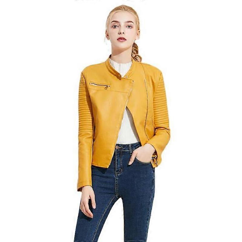 MIMIGO Women's Faux Leather Jacket with Pockets Fur Lining Moto Biker Short Coat Slim Fit PU Outwear for Fall and Winter Black Yellow