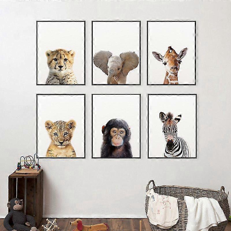 Lion Zebra Elephant Giraffe Baby Animals Art Print Poster, Safari Animals Picture Canvas Painting Kids Room Nursery Wall Decor