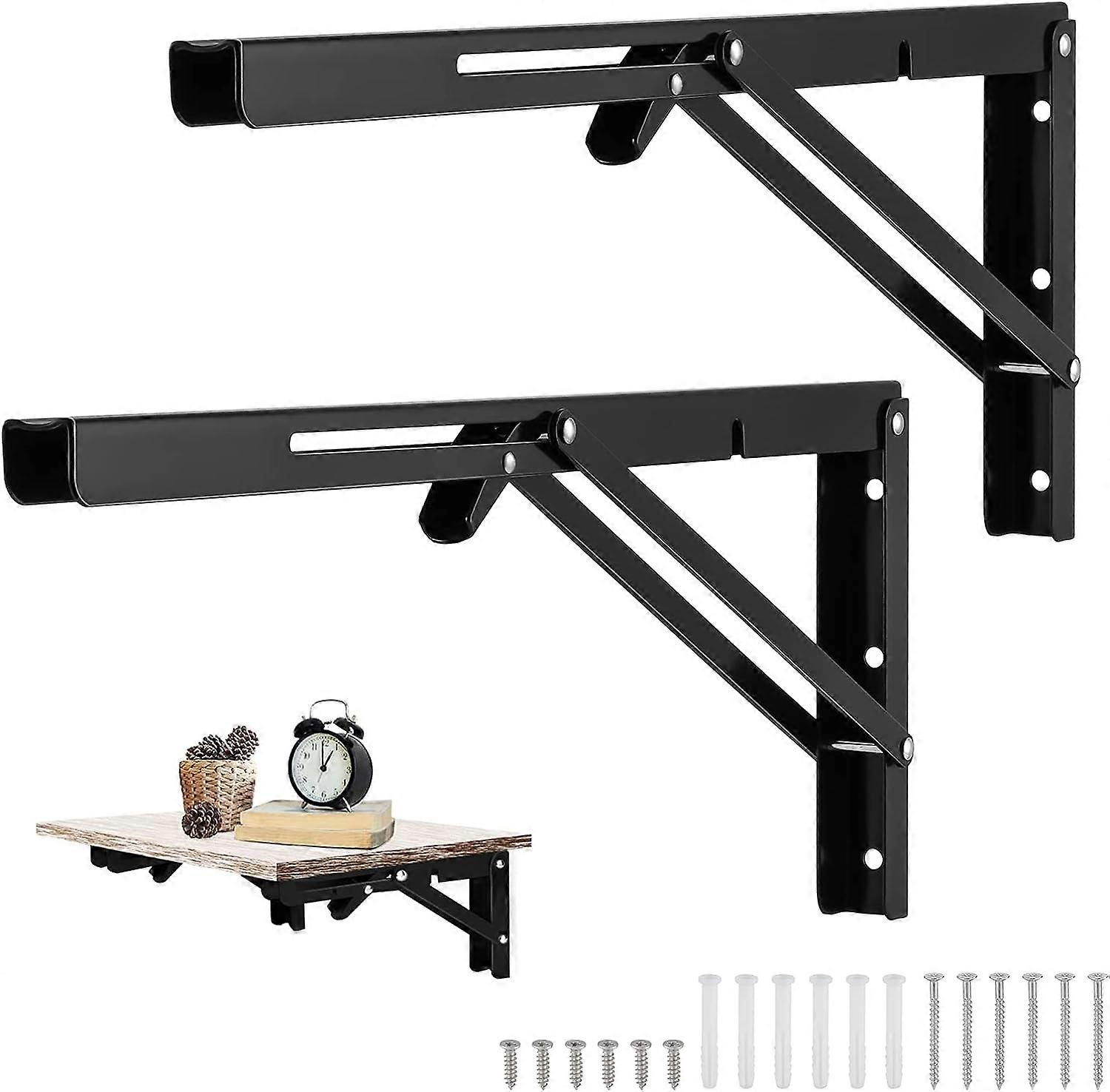 2 Pieces 350mm Black Wall Folding Bracket, Folding Console Bracket Bracket Folding Bracket Heavy Load Brackets Folding Shelf Bracket for Garage Workbe