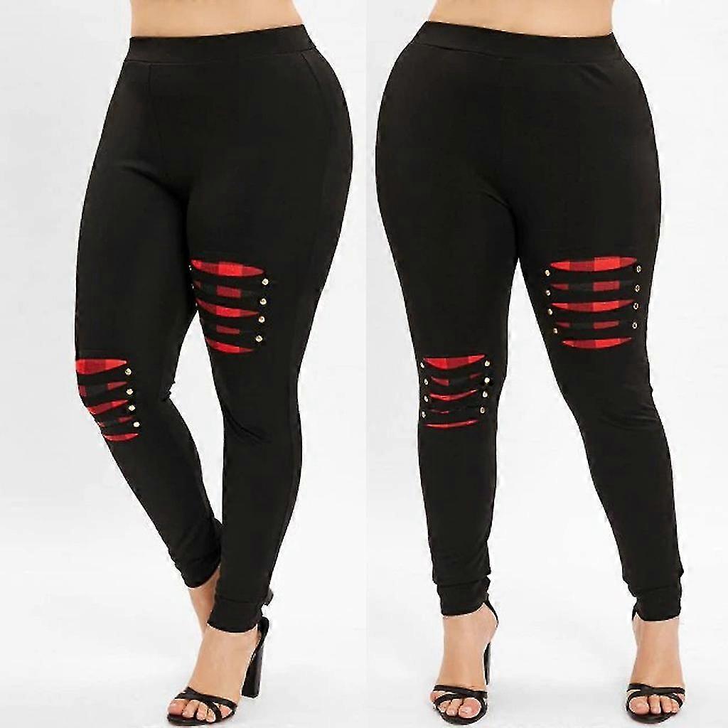 Kvinnor Plus Size Pärlor Ripped Rutid Panel Elastisk Midja Casual Leggings Byxor