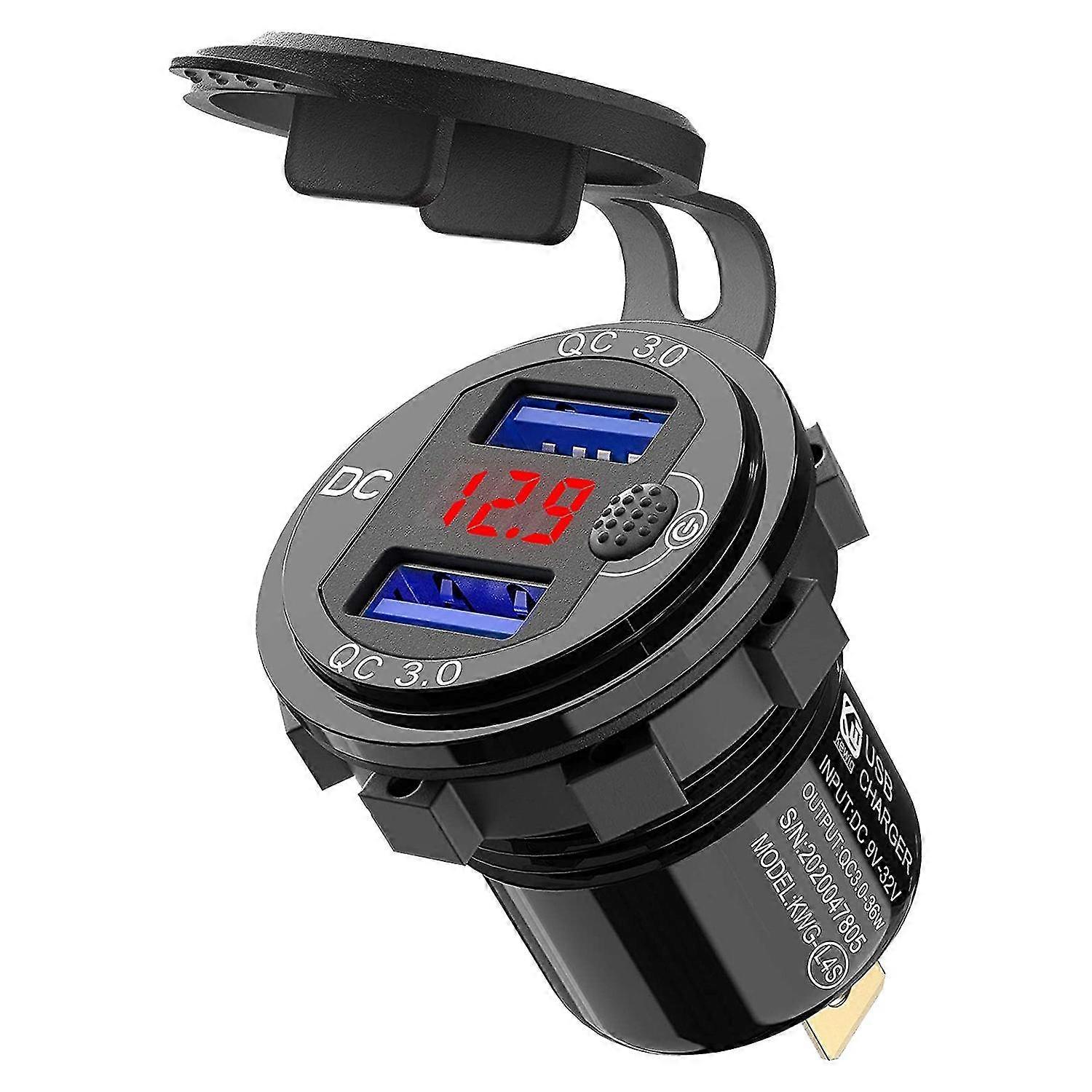 12V USB Car Charger with Quick Charge 3.0, Aluminum Socket, Switch Button, and Red Digital Voltmeter