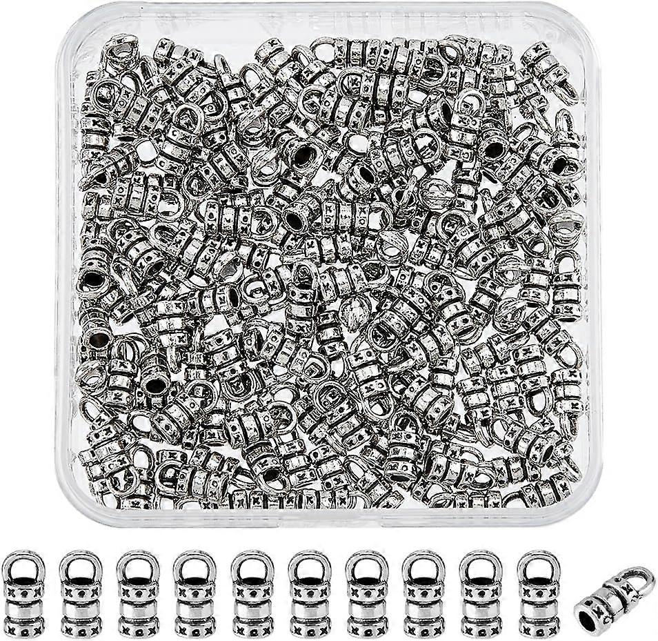 150Pcs Leather Cord Findings Alloy Cord End Caps Grooved Column Leather Caps Antique Silver Tibetan Barrel End Tip with Loop Ring for Jewelry Making I