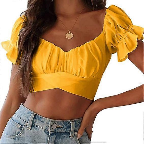 Women's Ruffle Short Sleeve Tie Up Back Crop Top Off Shoulder