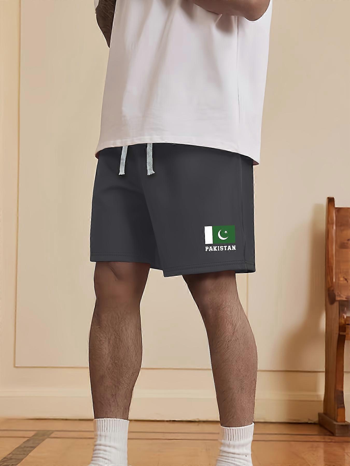 New style Pakistan Flag Print, Men's Breathable Drawstring Pants, Loose Casual Waist Simple Style Comfy Shorts For Spring Summer Outdoor Fitness Cycli