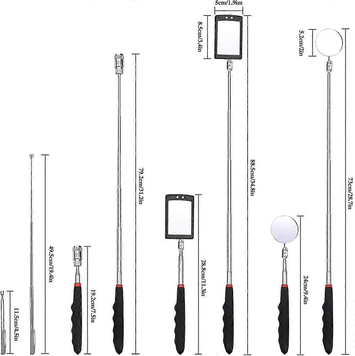 Telescopic Inspection Mirror,4pcs Rectangular/round Magnetic Pick-up Tool With Led Light