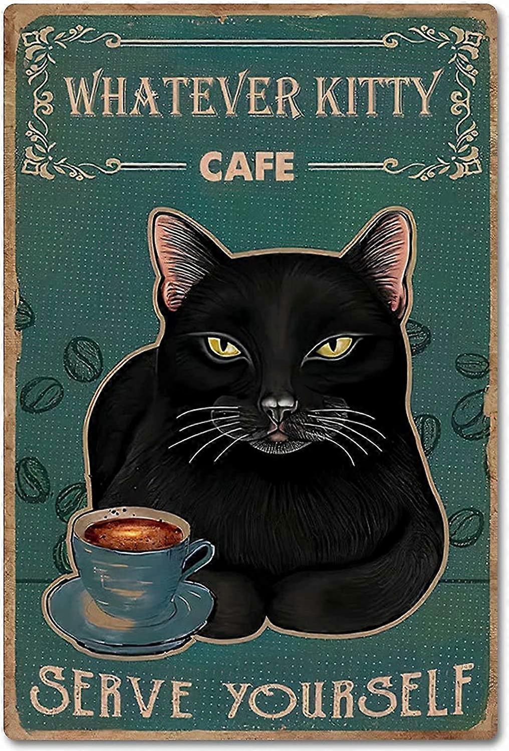 Metal Tin Sign of Cat Coffee Style, Whatever Kitty Cafe Retro Sign?Coffee and Bar Wall Art Decor Iron Painting 12x16 Inch