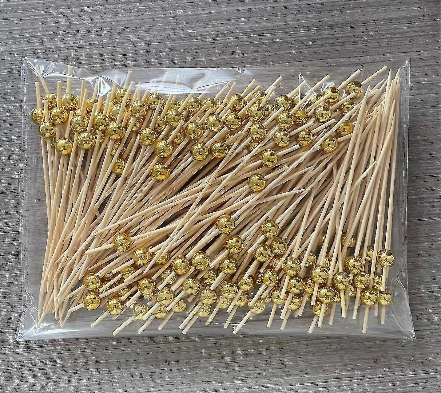 100 Pcs, Cocktail Skewers, Wooden Skewers, 12cm, Gold Beads