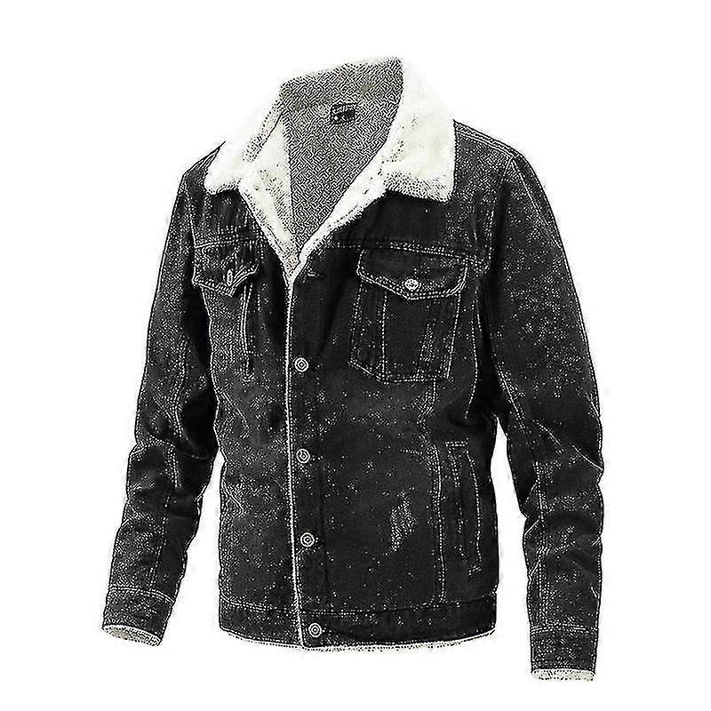 Men'S Plus Fleece Denim Jacket Lapel Solid Color Single-Breasted Fitted Denim Coat