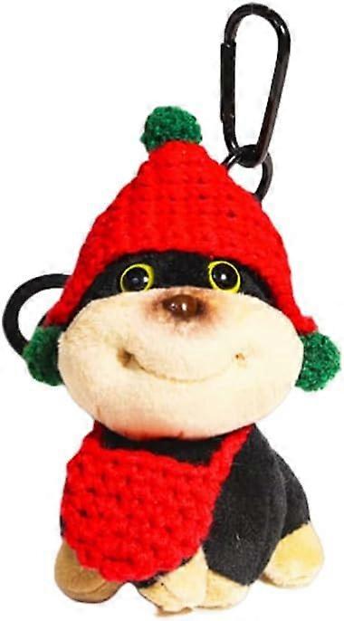 Funny Smiling Honey Bee Dog keychain Plush Dog Fluffy Dog Key Chain Key Ring Bag Charm Purse Charms Pendant,Hat Set Red