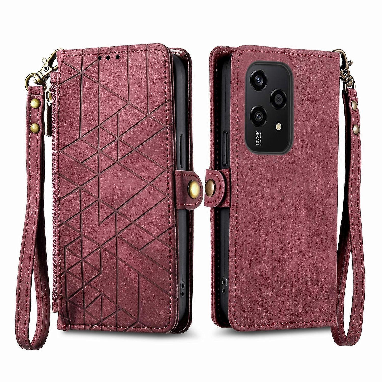 For Honor 200 Lite Faux Leather Zipper Wallet Case with Strap Red