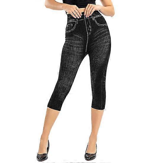 Yousheng Women Cropped Jeans Slim Fit High Waist Elastic Striped Slimming Button Zipper Closure Mid-calf Length Pockets Casual Commute Trousers