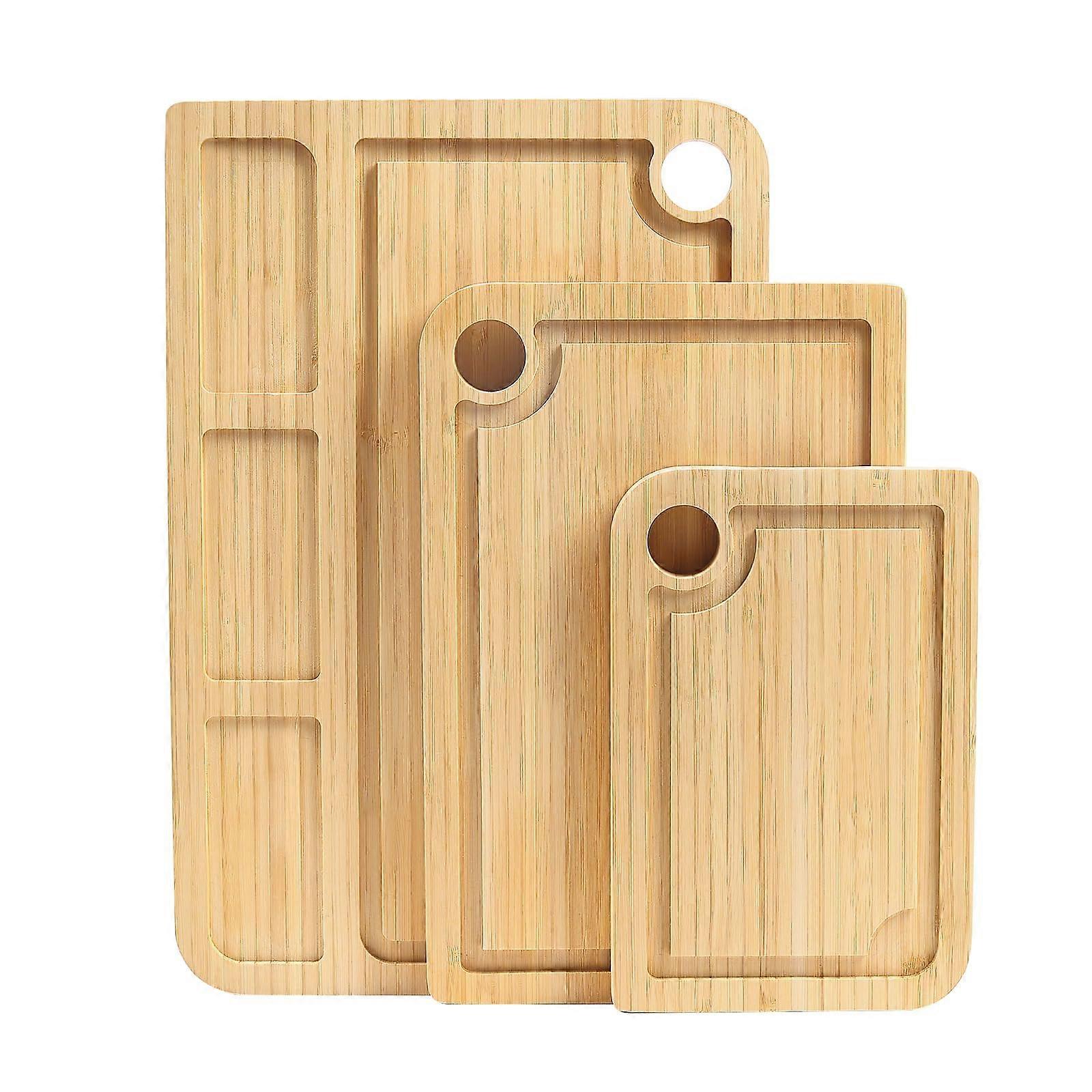 Bamboo Cutting Board Set of 3 with Compartments, Juice Groove, Double-Sided Design, Easy Grip Handle for Meat & Veggies