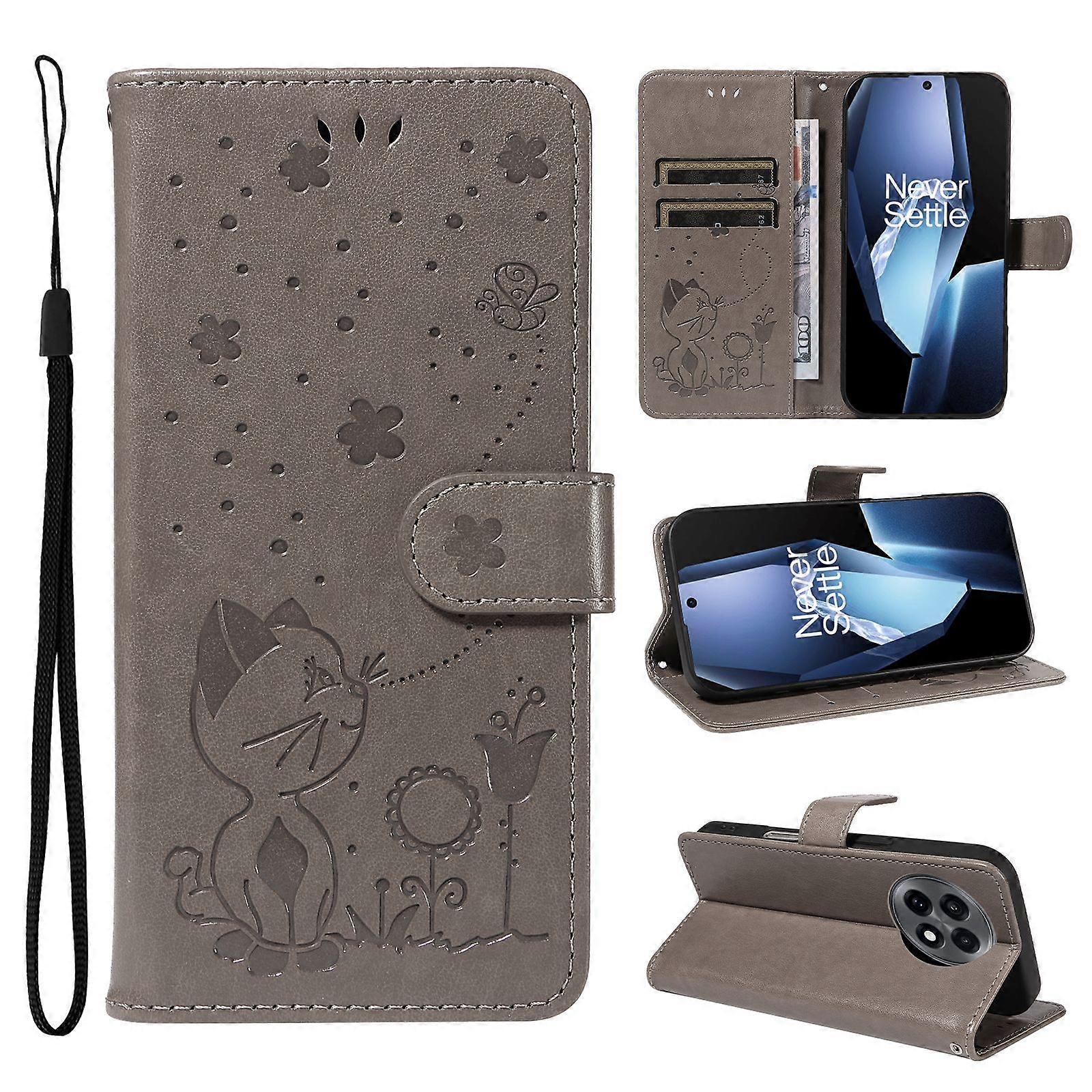 For OnePlus 13R 5G Leather Wallet Case Cat Bee Pattern Phone Cover Stand