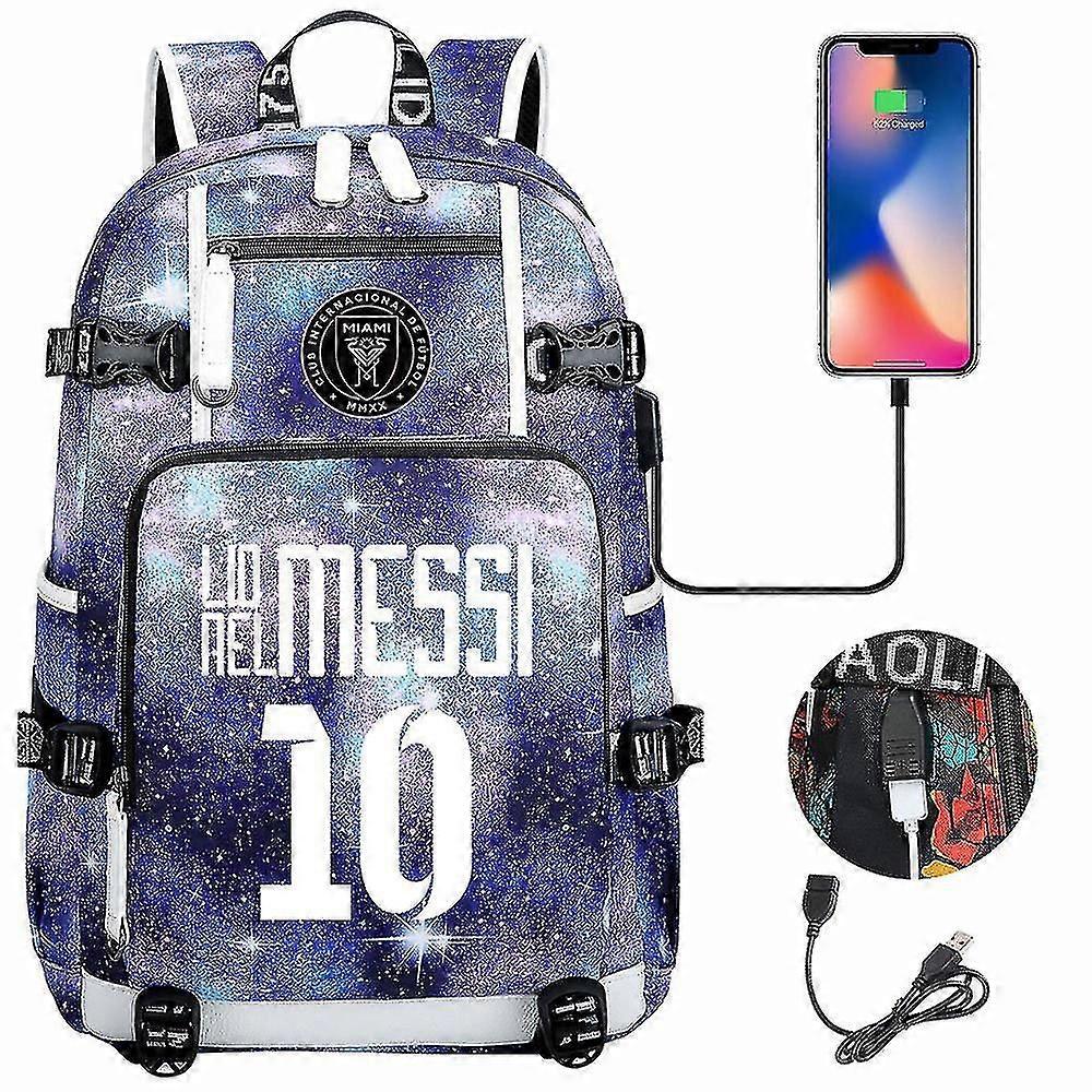 Fodbold Messi rygsæk | Rummelig vandtæt rejsetaske | Sort skoletaske med USB-oplader | Ideel til rejser og skole