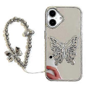 For iPhone 16 Case with Butterfly Kickstand, Strap TPU Acrylic Phone Back Cover Mirror Surface