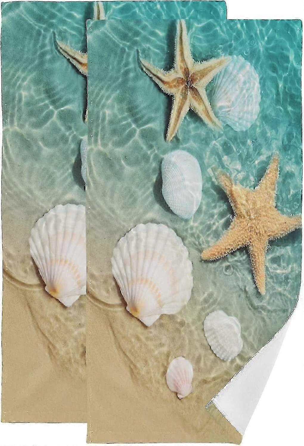 مجموعة مناشف الوجه بنجم البحر والصدف من 2 ، مناشف أطباق منشفة يد صيفية مناشف الشاطئ مجموعة ديكور مطبخ الحمام ، 30x15
