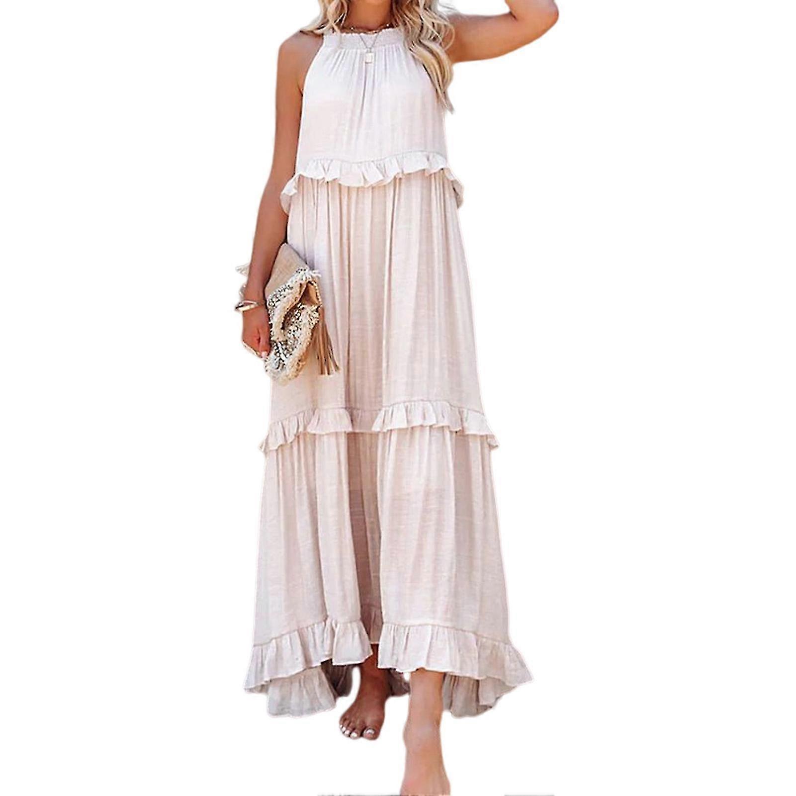 Boho Inspired Hollow Tie-Up Evening Gown with Solid Color and Layered Pleated Hem for Stylish Ladies