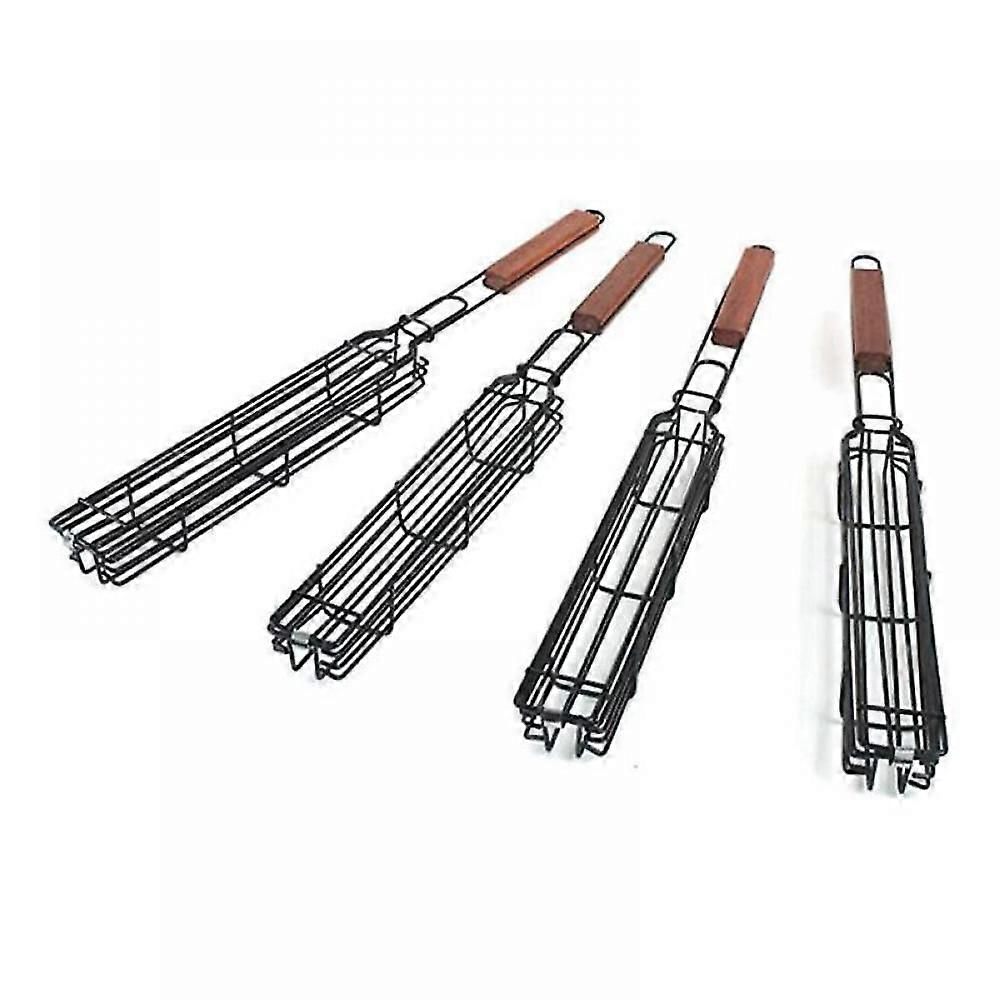 Bbq Grill Basket Set Of 4 With Locking Rack Long Wooden Handle Non-stick Stainless Steel Grill Basket For Bbq Fish Vegetables Sausages Onions
