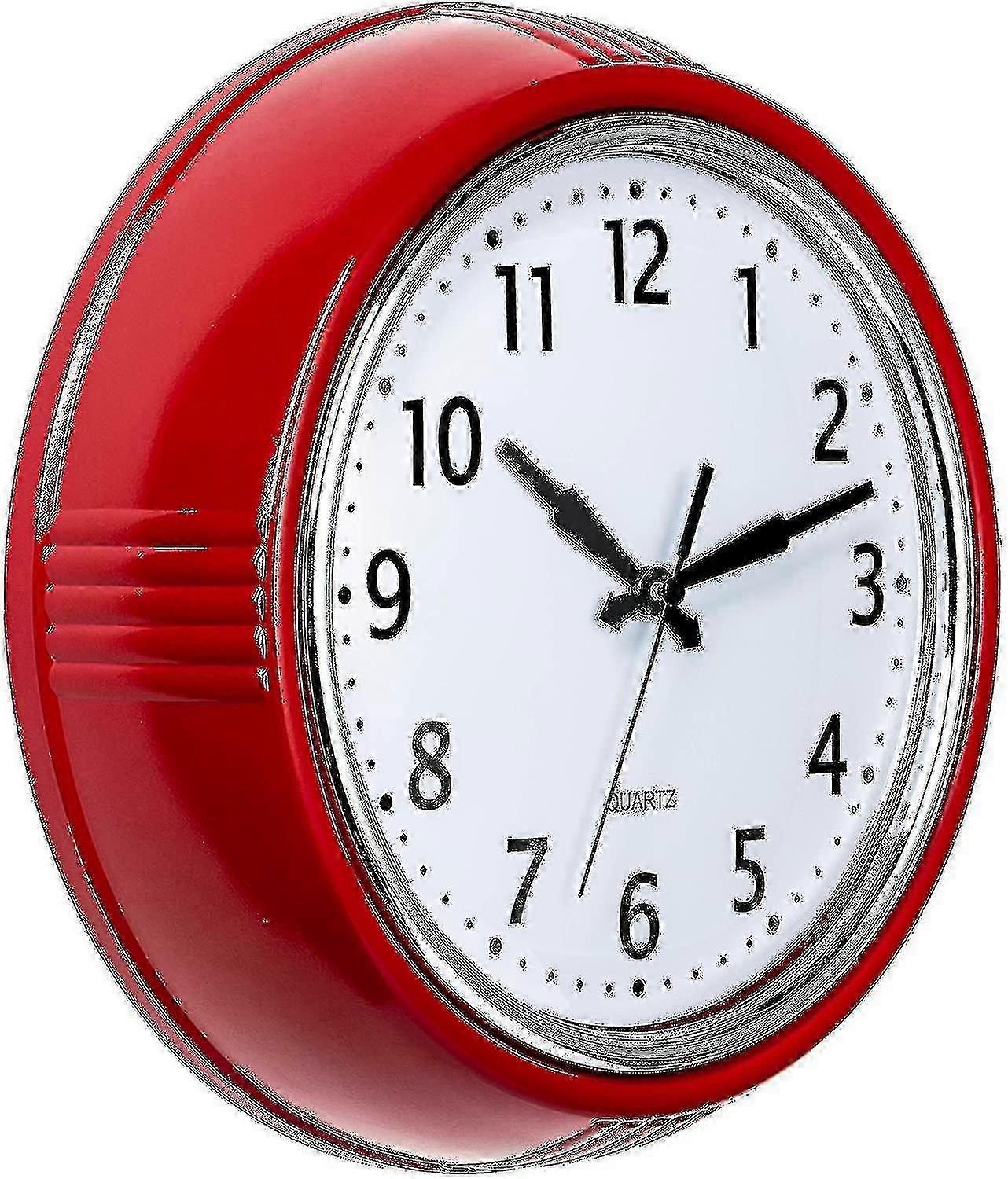 Retro Wall Clock 10 Inch Red Kitchen 50"s Vintage Design Round Silent Non Ticking Battery Operated Quality Quartz Clock