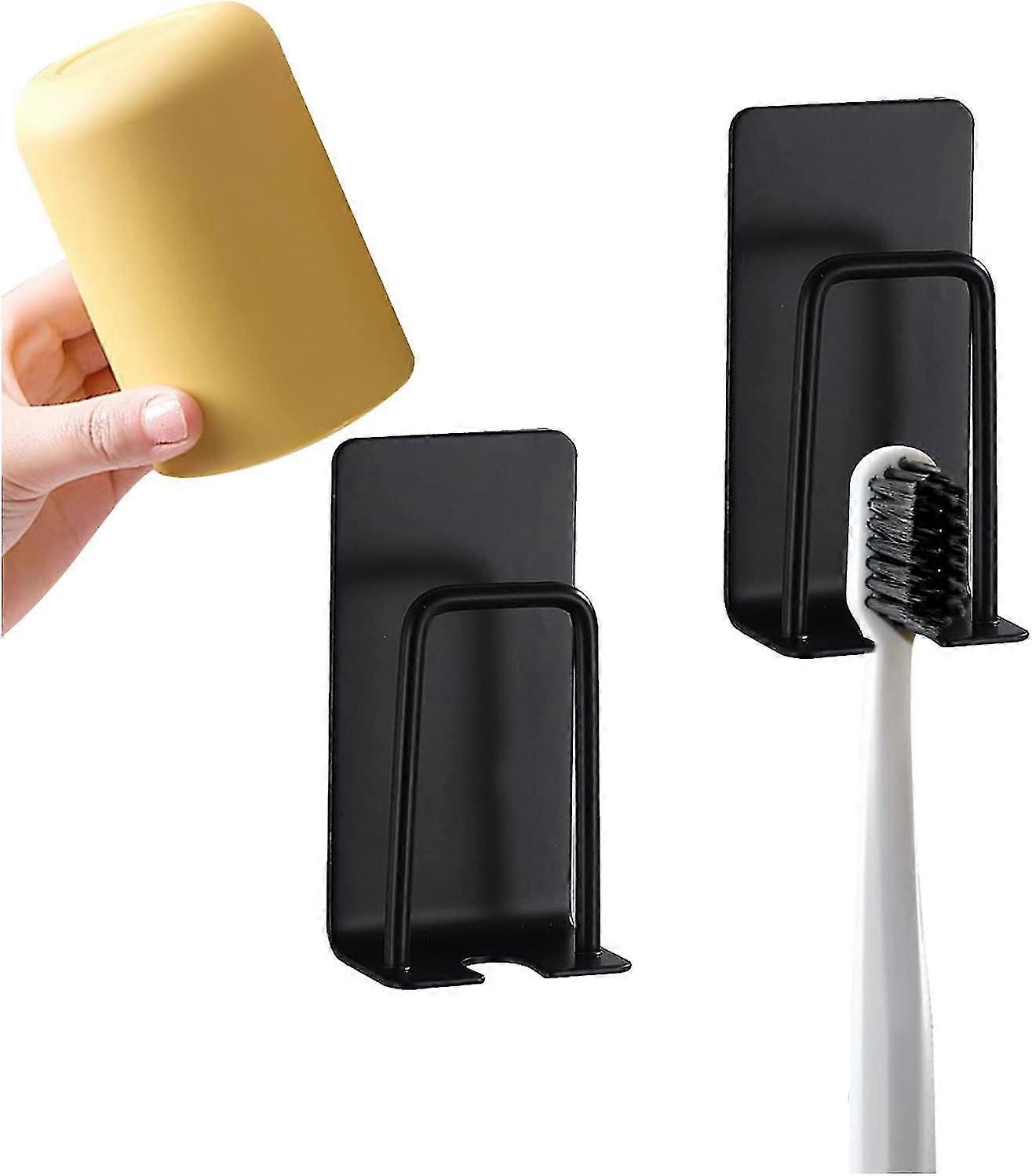 2-in-1 Toothbrush Holder Set - No Drill Wall Mount, Self-Adhesive, Black (2 Pack)