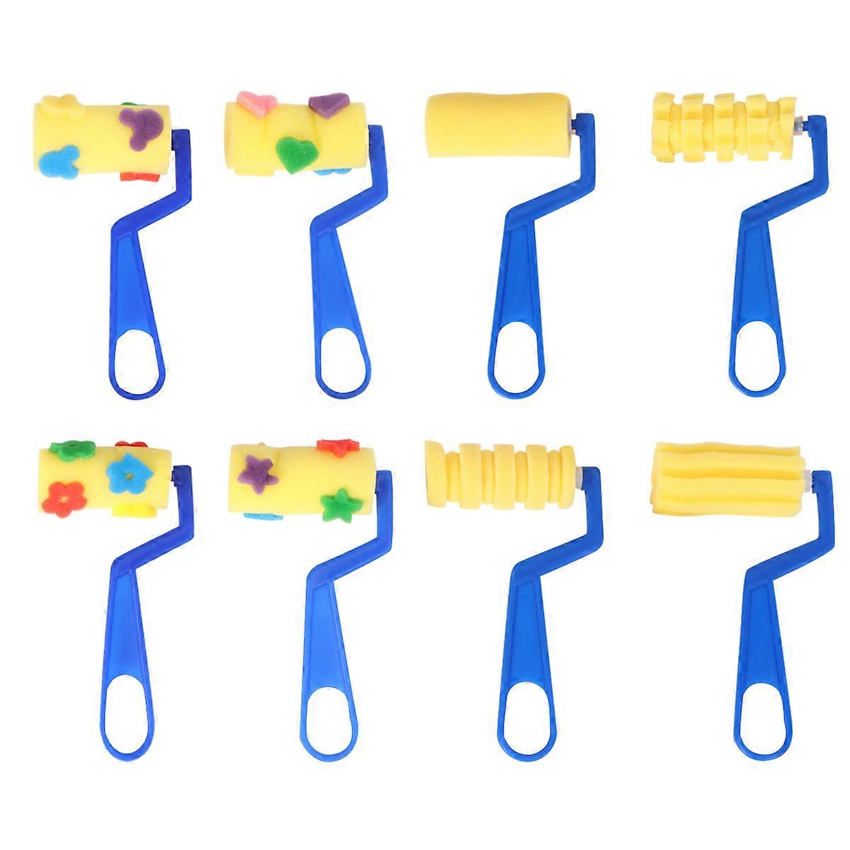 8pcs Sponge Paint Brushes with Creative Pattern Rollers for Art Lessons, Graffiti, Drawing, Painting & DIY Crafts Assorted Yellow & Blue Styles