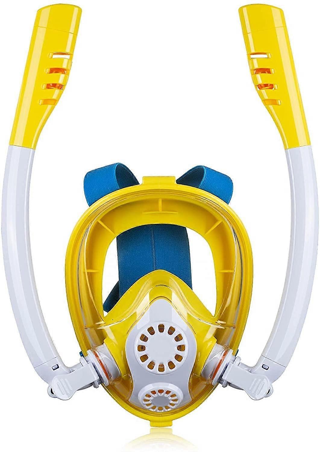 Diving mask fullface snorkel mask, doubletube silicone dry swim goggles for kids, 180° panoramic view and easy breathing, antifog