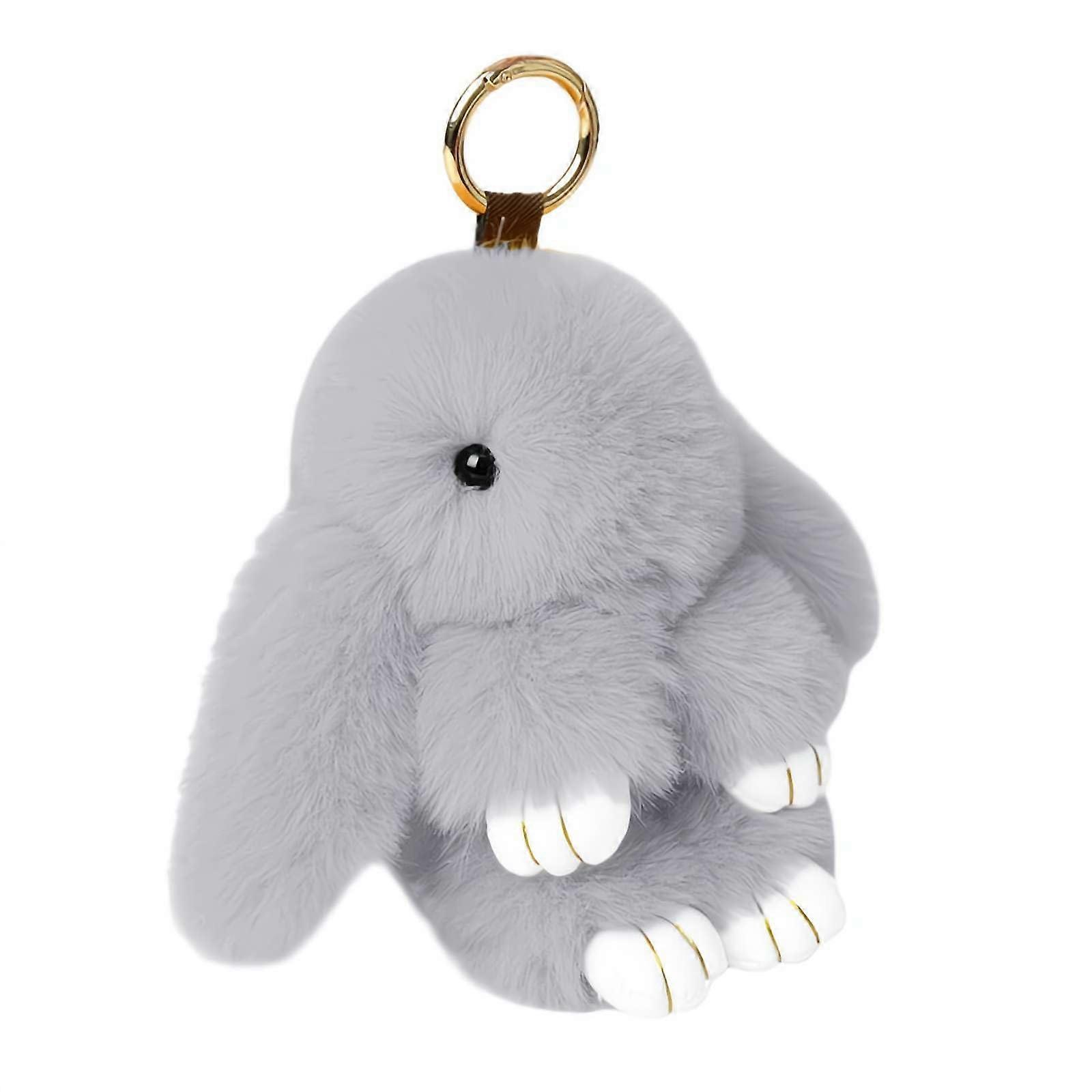 BUNNY Fluffy Rabbit Keychain Soft Cute Rex Rabbit Fur Plush Car Handbag Keychain Bag Charm Light Grey 15cm/5.85'